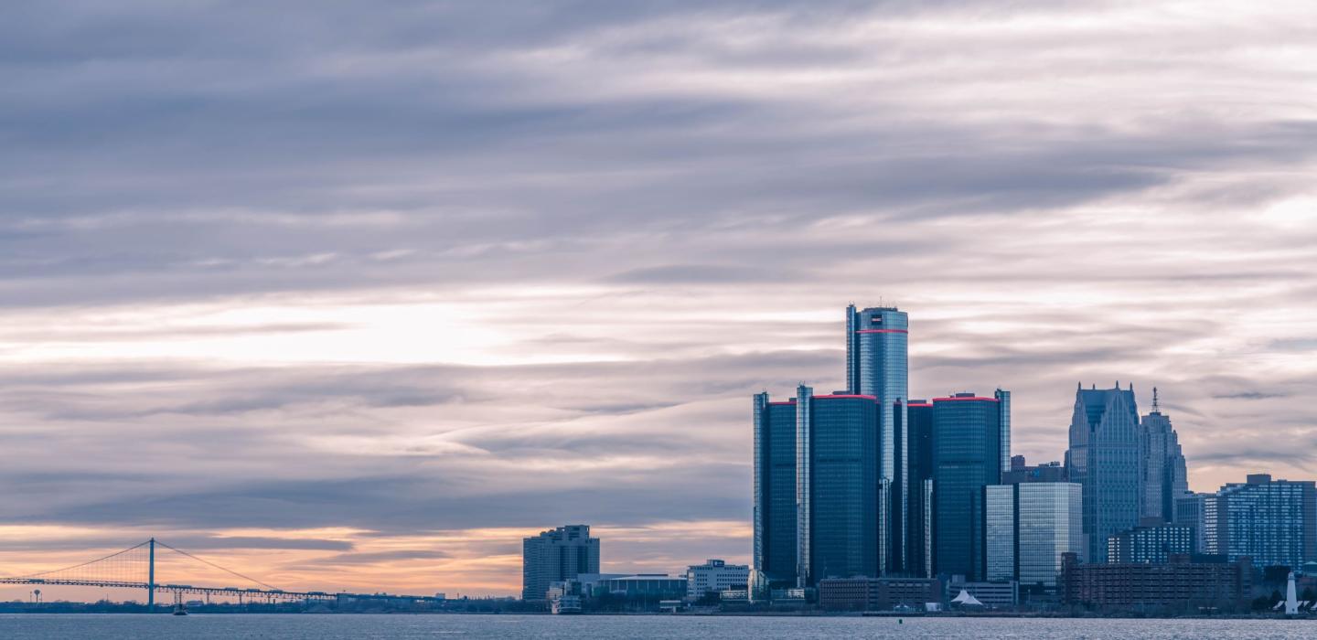 A skyline view of Detroit, Michigan.  