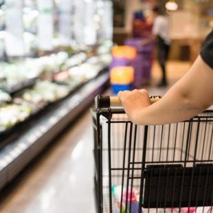 Someone pushing a grocery cart down an aisle.