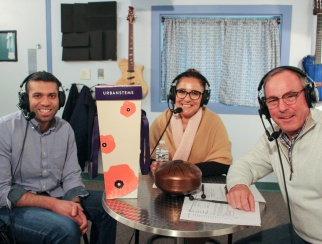 Ajay Kori (left) joined hosts Ana Serafin Smith (center) and Bill Thorne (right) in the podcast studio.