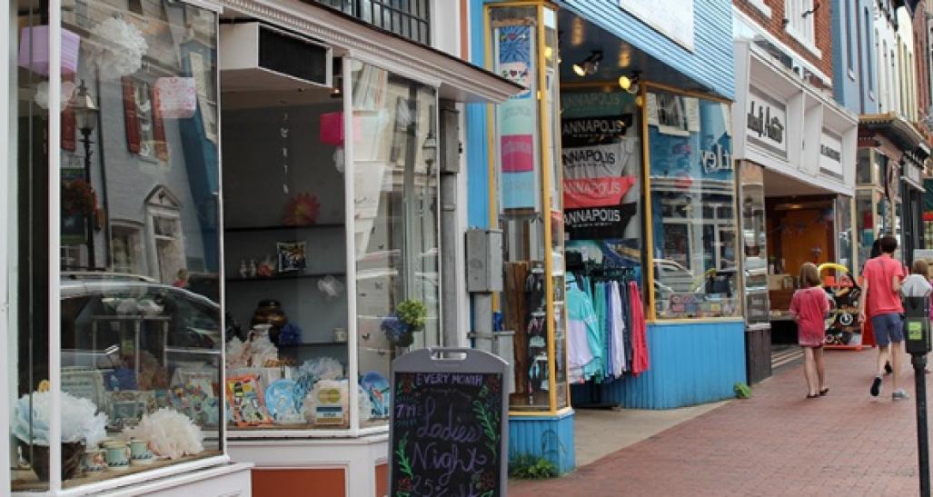 A shot of shops in downtown Annapolis, Maryland