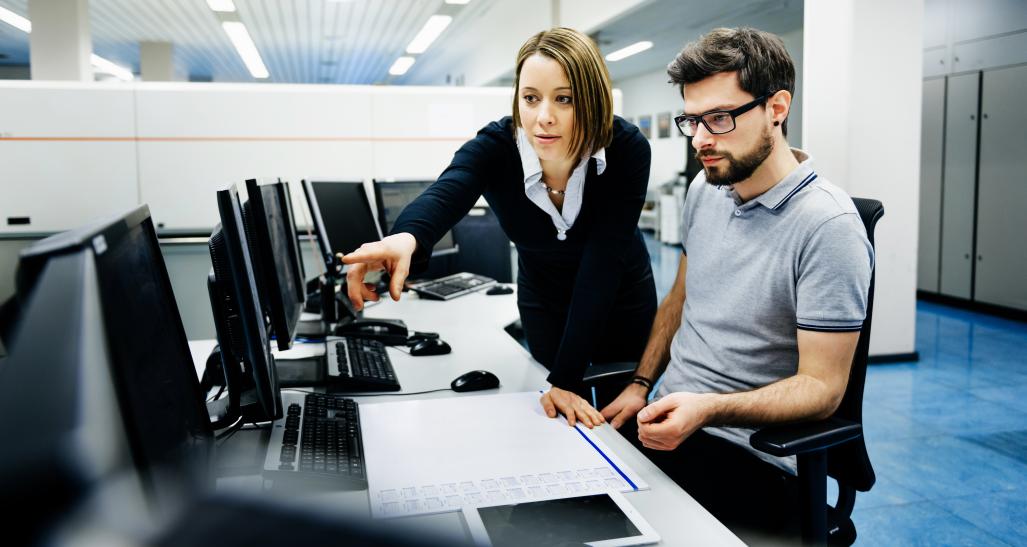 Professional woman pointing at computer for colleague