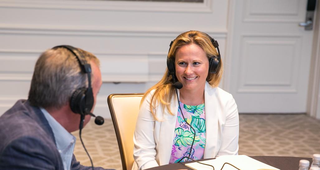 Michelle Kelly recording a podcast