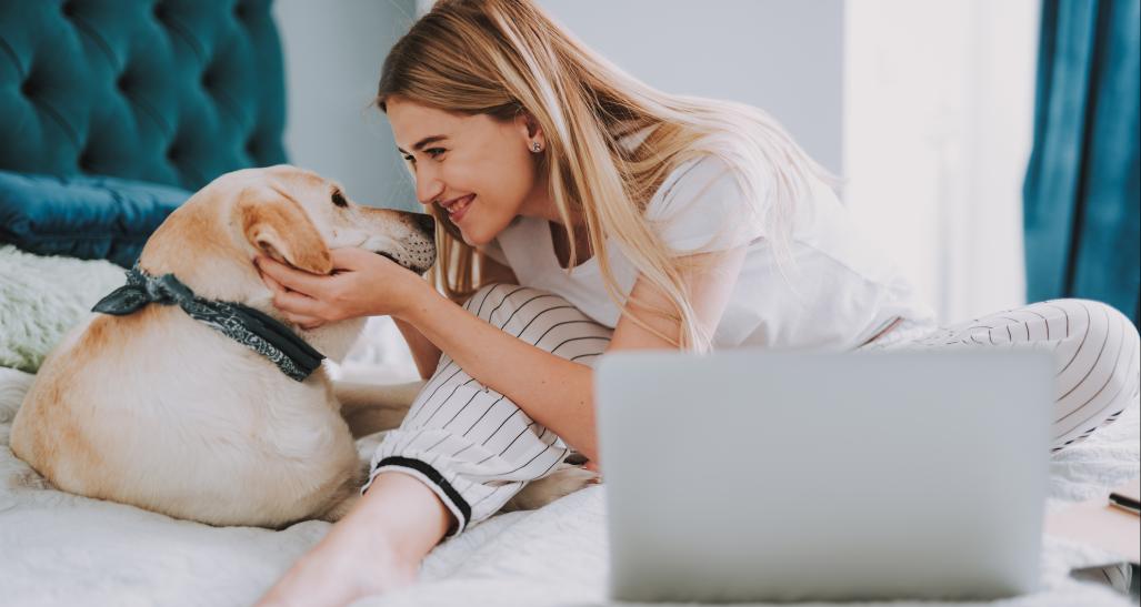 Woman petting dog in front of her laptop