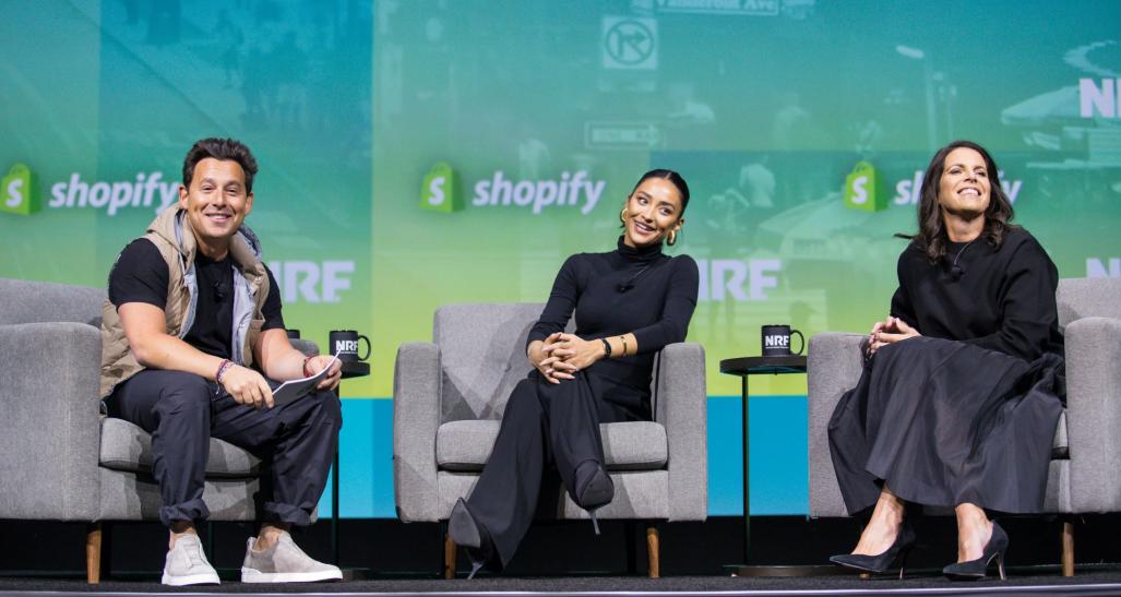 BÉIS' Shay Mitchell, Glossier's Kyle Leahy and Shopify's Harley Finkelstein at NRF 2024: Retail's Big Show.