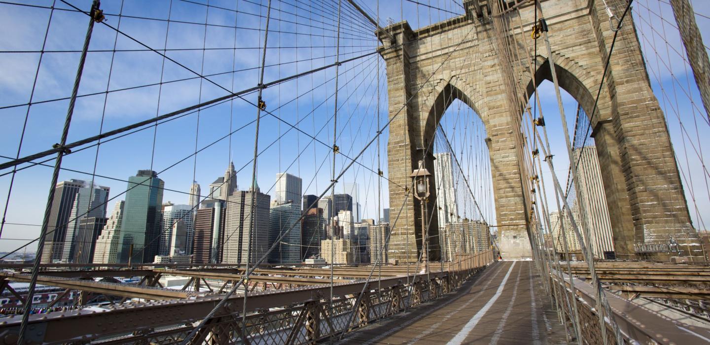 The Brooklyn Bridge and skyline in New York.