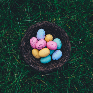 colorful eggs in a basket for Easter