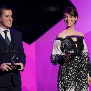 Matthew Boss and Amanda curtis are pictured accepting awards at the NRF 2018 Foundation Gala
