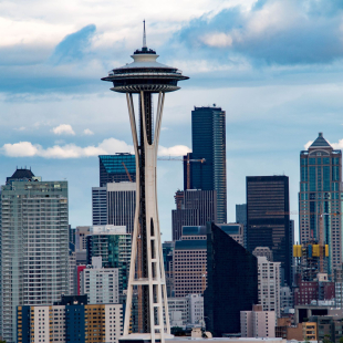 The Space Needle and Seattle skyline in Washington.