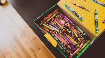 Box of crayons at school for kids