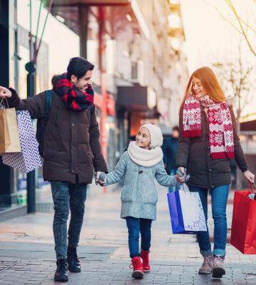 A couple and child shopping in winter