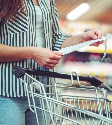 Woman stands next to grocery cart looking at receipt