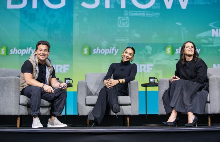 Harley Finkelstein of Shopify, Shay Mitchell of BÉIS Travel and Kyle Leahy of Glossier