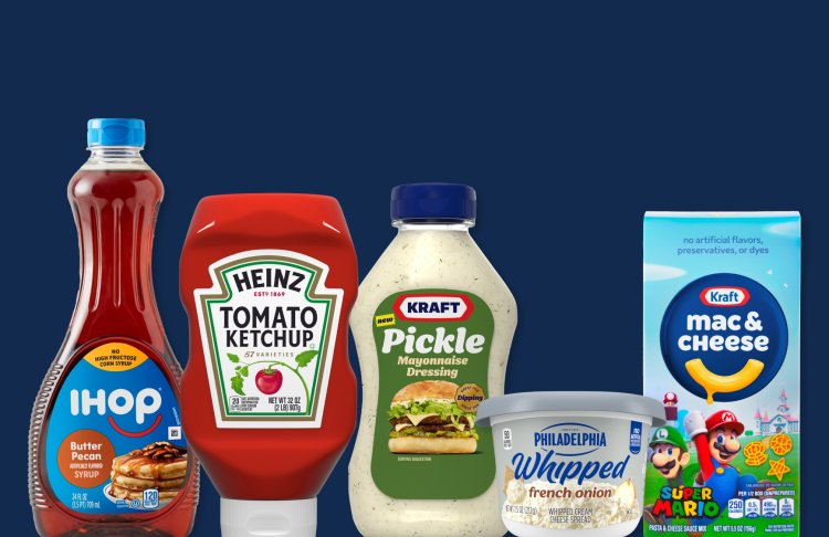 Kraft Heinz products including ketchup, cream cheese and mac & cheese.